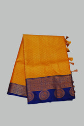 Mango Yellow Banarasi Semi Silk Saree with Blue Border - MIRASILKS Mango Yellow Banarasi Semi Silk Saree with Blue Border